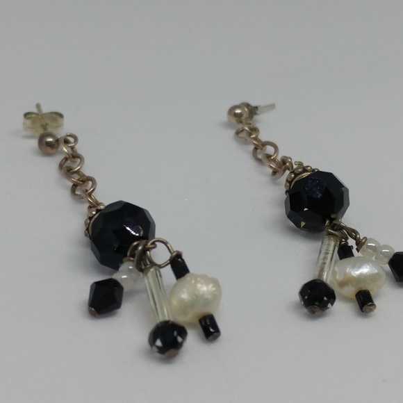 Black Glass Bead Pearl Sterling Silver Earrings - Picture 3 of 7